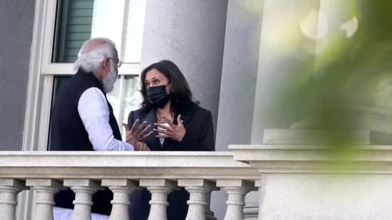Kamala harris talking with Narendra Modi meme template