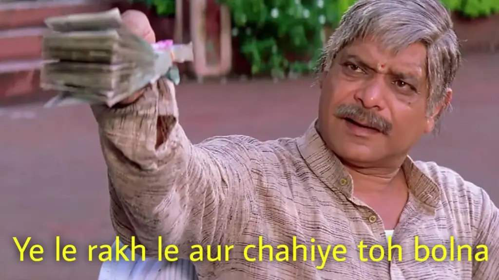 Ye le rakh le aur chahiye toh bolna meme template